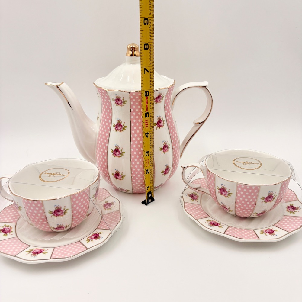 Grace Teaware Pink Polka Dot Rose Floral Porcelain Teapot and 2 Cup Saucer Set - Picture 11 of 11